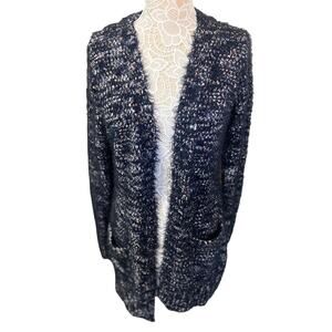 89 & Madison Fuzzy Blue Open Front Cardigan Sweater Women’s Medium Pockets Cozy